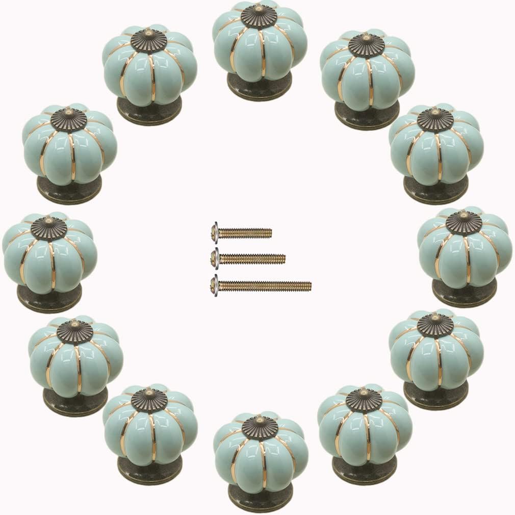 Yusheng 12 Pack Vintage Ceramic Pumpkin Cabinet Knobs, Kitchen Cabinet Drawers Dresser Cupboard Pull Handles Door Pulls with 3 Kinds of Screws (12 Pack, Sky Blue)
