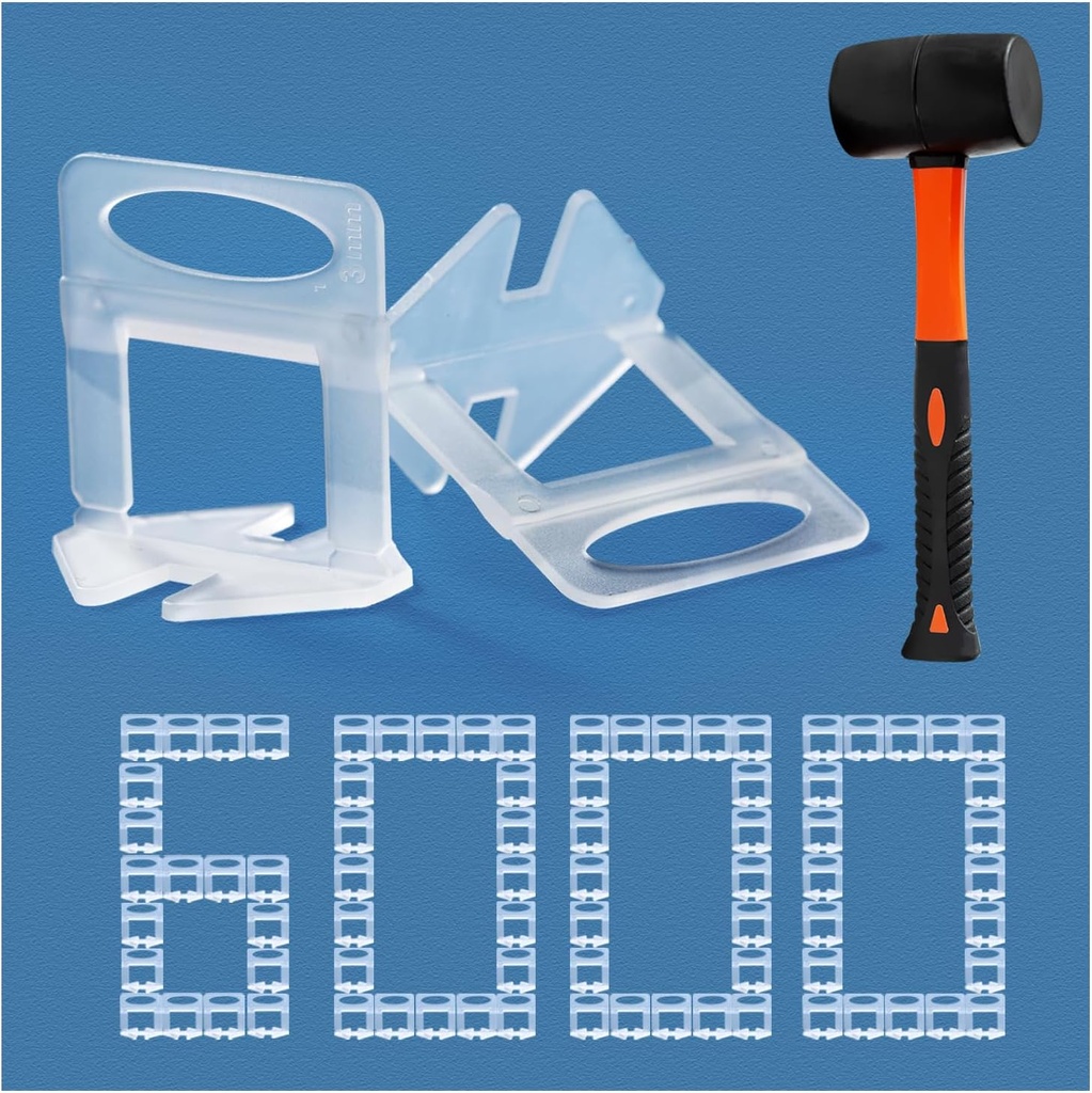 Tile Leveling System 1/8" Spacers Tile Leveler Clips DIY Tile Leveler Spacers 6000 Pcs and Tools Harden Rubber Mallet Hammer 16 oz for Professional Ceramic Tile and Stone Installation
