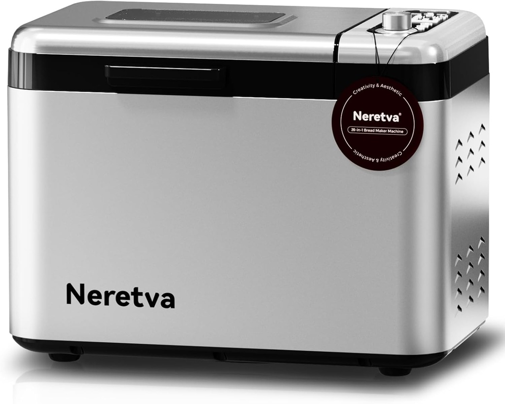 Neretva Bread Maker, 3.3LB Larger Bread Machine 15-in-1 Stainless Steel & Nonstick Ceramic Pan & Auto Nut Dispenser Breadmaker Machines Full Touch Panel with Gluten Free White Wheat Rye French Pizza