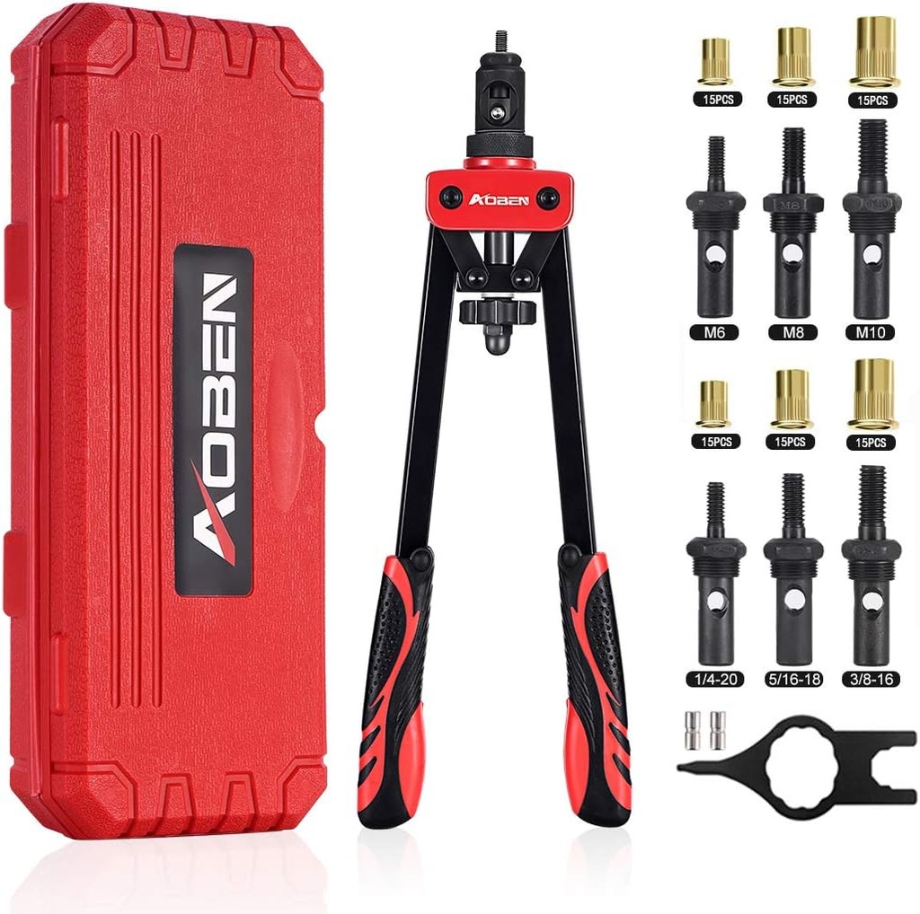AOBEN 14" Rivet Nut Tool, Professional Hand Rivet Nut Setter Kit Labor-Saving and Compact Design Including 6 Interchangeable Mandrels 90pcs Rivnuts and 2 Mandrel Lock Pins
