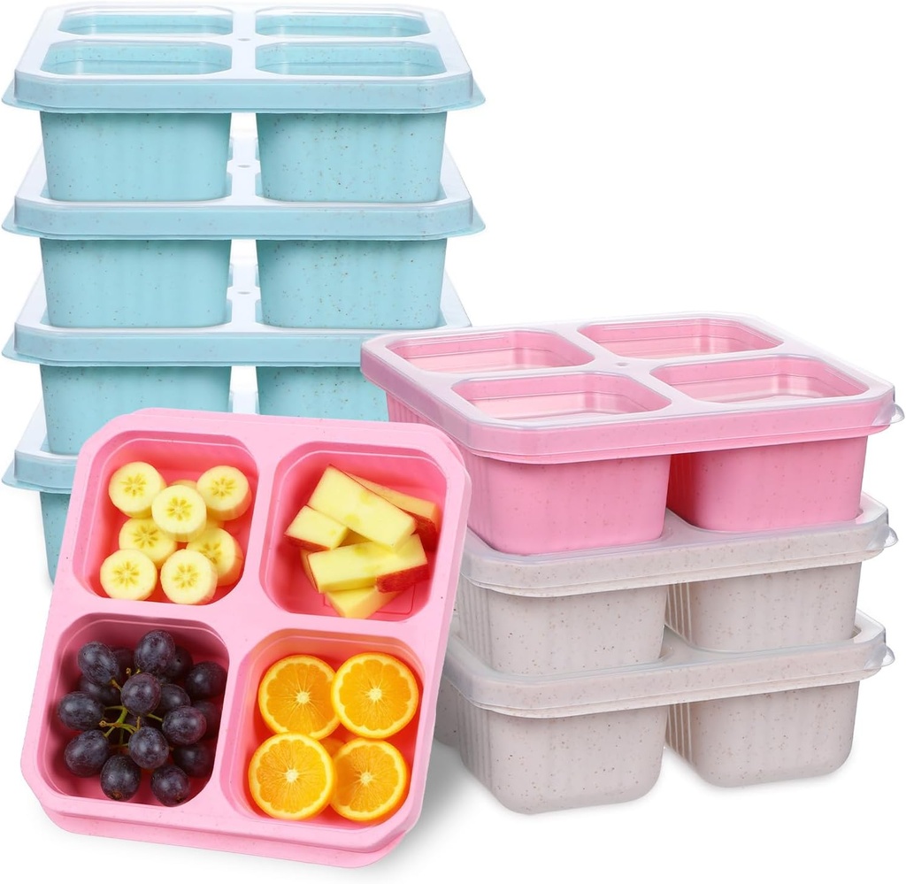 8 Pack 4 Compartment Snack Containers, Bento Snack Containers with Divided Sections, 4 Compartment Food Container, Meal Prep Lunch Box for Camping, Work, Travel (3 Colors, 6.5 x 6 x 2.16 Inches)