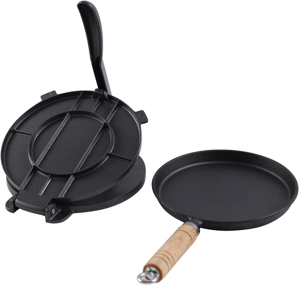 Rotel Cast Iron Tortilla Press 8 Inch with Comal Pan,Bundle of Cast Iron Tortilla Skillet for Roti,Tawa,Dosa,and Pataconera-Comales Para Tortillas,Tortilleras Mexicanas Para Hacer Tortillas