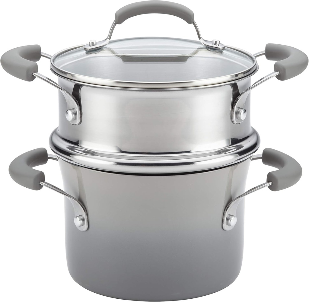 Rachael Ray Brights Sauce Pot/Saucepot with Steamer Insert, 3 Quart, Two-Tone Sea Salt Gray