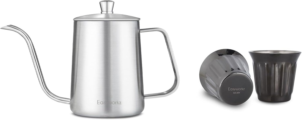 Easyworkz Gage Gooseneck Pour Over Coffee Kettle 20 oz, Silver, Bundled with Easyworkz Stainless Steel Double-Wall Espresso Cups 5 oz Set of 2, Vertical Stripe Design, Gunmetal