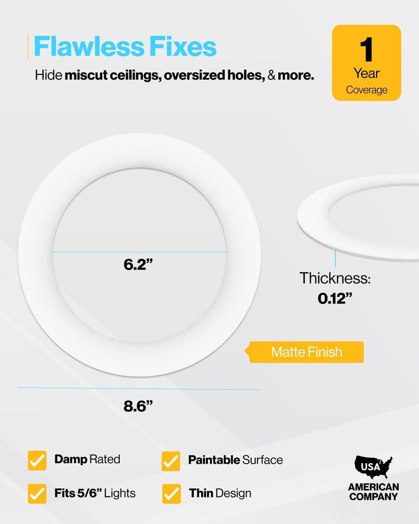 Sunco 12 Pack Goof Rings for 6 Inch Recessed Lights, Flush Mount White Can Light Trim Ring Cover, Outer Diameter 8.6 Inch, Inner Diameter 6.2 Inch, Paintable Surface, Matte Finish.