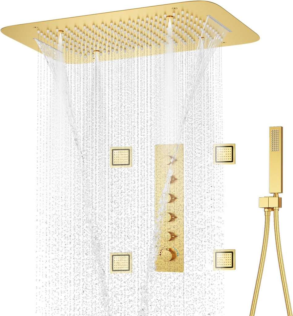 Updated Brushed Gold 16 X 24inch Rain Shower System with Adjustable Body Jets, Rainfall Shower Body Spray Faucet Combo Set, Flow Controlled Individually