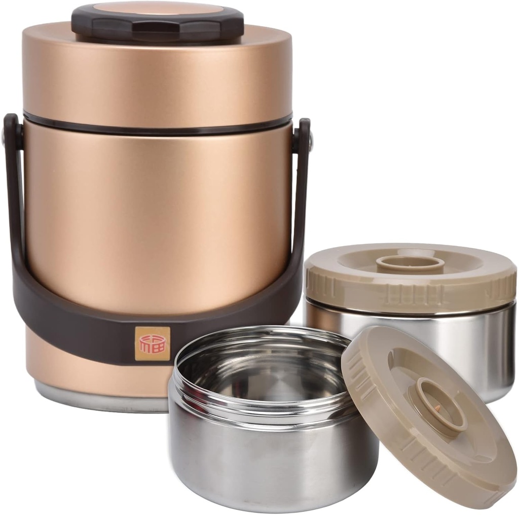 Niiyen 51oz Adults Lunch Box Stainless Steel Vacuum Thermal Bento Box 3 Tier Stackable Hot Food Containers Insulated Food Carrier for Office Camping Outdoor (gold)