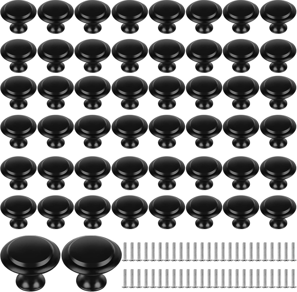 50 Pieces Black Round Kitchen Cabinet Knobs, 1.2 Inch Black Cabinet Knobs Handles Drawer Pulls Dresser Drawer Knobs Pulls for Kitchen Wardrobe Cupboard