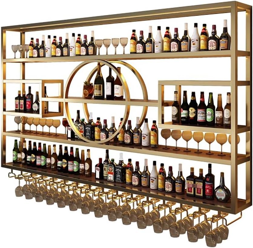 Industrial Metal Bar Wine Bottle Display Rack, Wall Mounted Stemware Rack, Large Industrial Style Wine Rack with LED Light, Kitchen Wine Cellar Wine Storage Rack,Gold