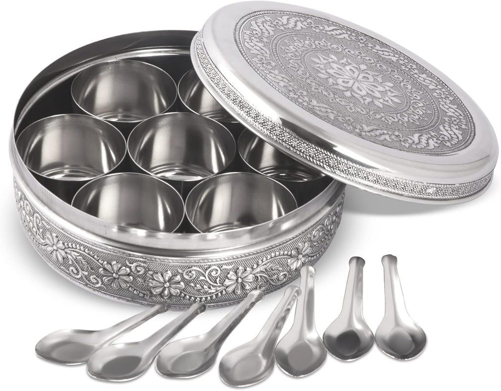 Designer Spice Container Masala Dabba, 7 Spice Jars, Holds 7 Spices, Spice Container Box, Polished Stainless Steel with 7 Serving Spoons, Indian Masala Dabba with Lid, 8 Inch
