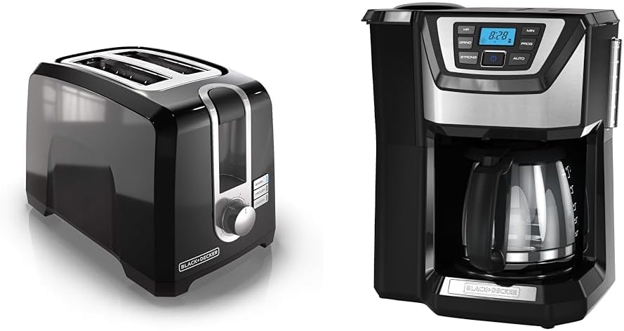 BLACK+DECKER 2-Slice Toaster 850W 6 Settings Bundle with 12-Cup Coffee Maker Built-in Grinder Programmable