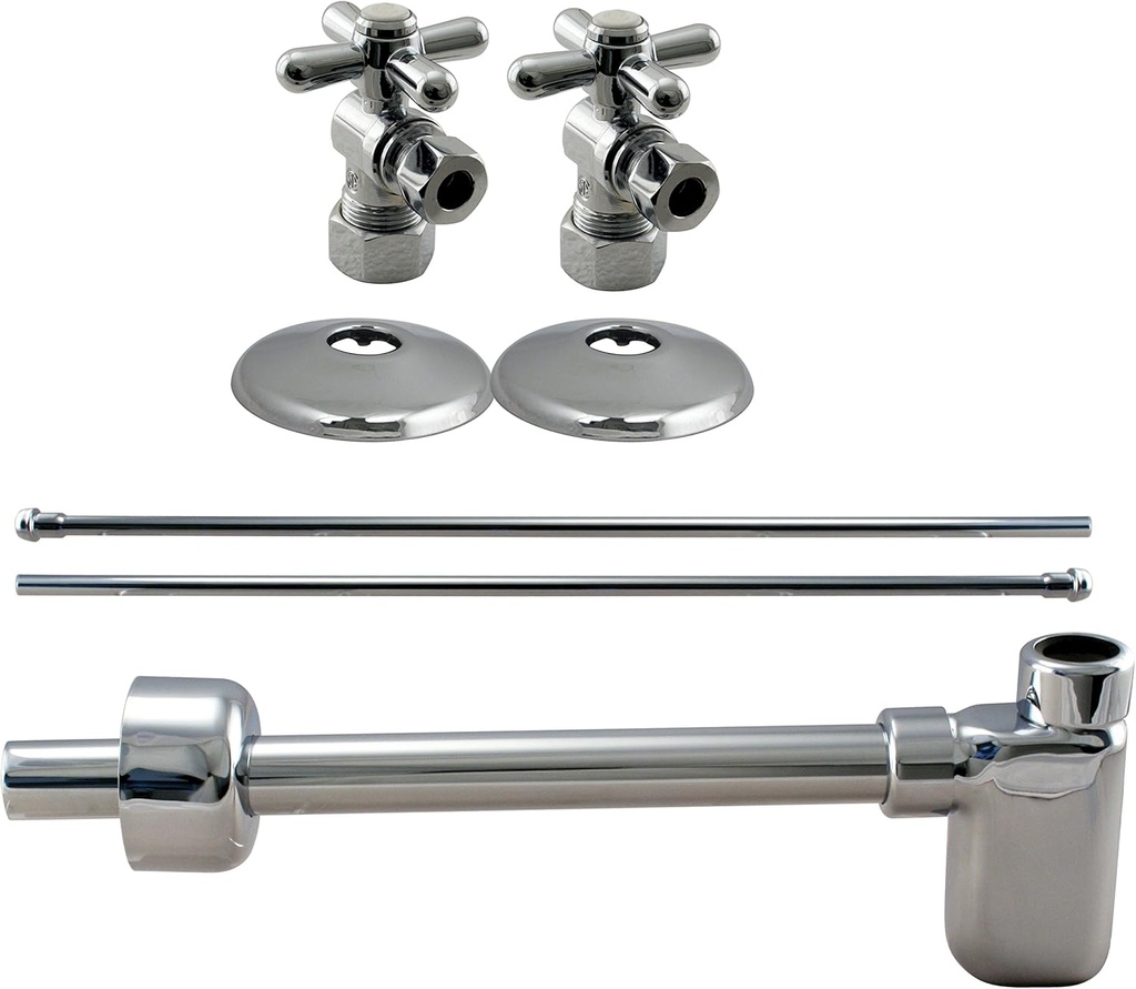 Westbrass 1/2" Nominal Compression Cross Handle Angle Stop Complete Pedestal Sink Installation Kit with 1-1/4" Euro Flat Trap, Polished Chrome, D19105BXK-26
