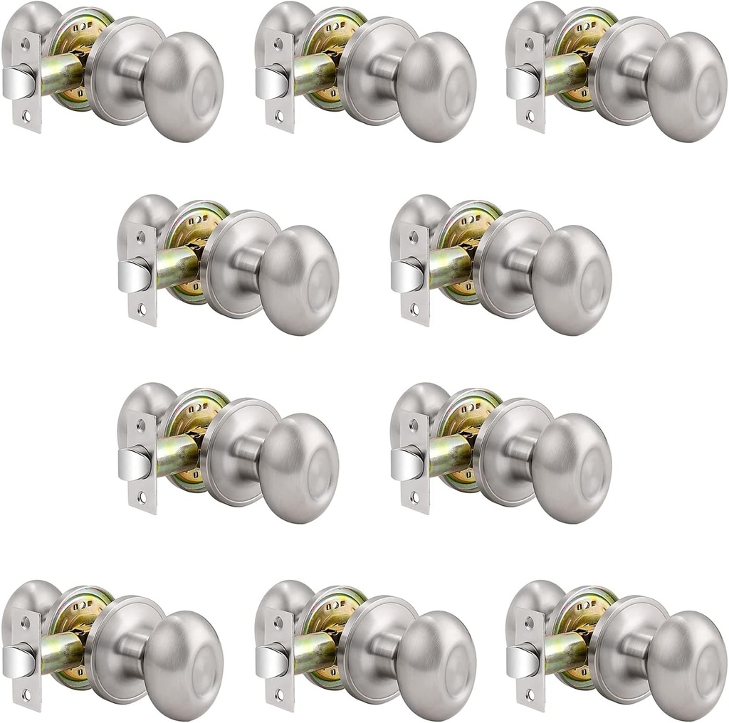 Probrico Passage Closet Brushed Nickel Door Knobs, Oval Interior No-Locking Door Knobs, Indoor Door Handle for Hallway, Egg Shape 10 Pack