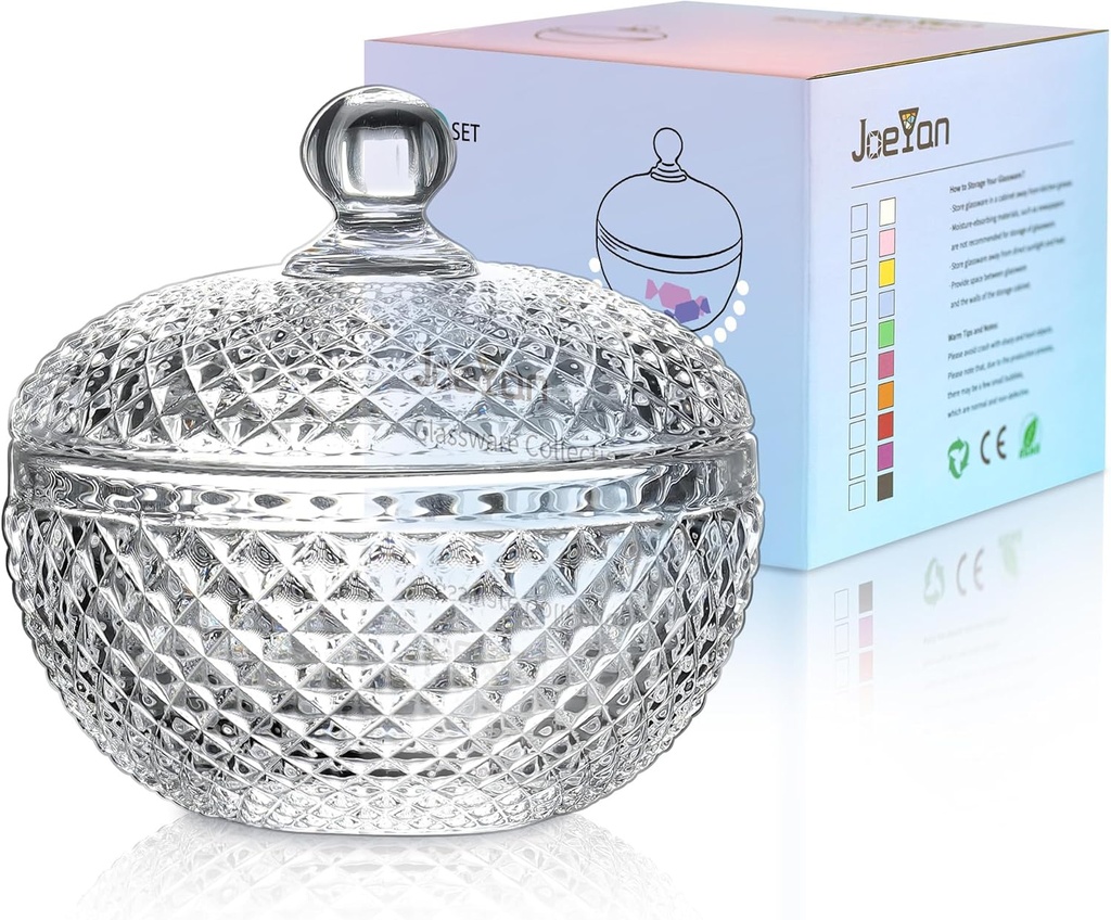 Joeyan 12 oz Small Clear Glass Jars with Lid,Embossed Glass Candy Dishes,Diamond Faceted Food Container,Decorative Jewelry Box Apothecary Canisters,Kitchen Bathroom Buffet Storage Organizer
