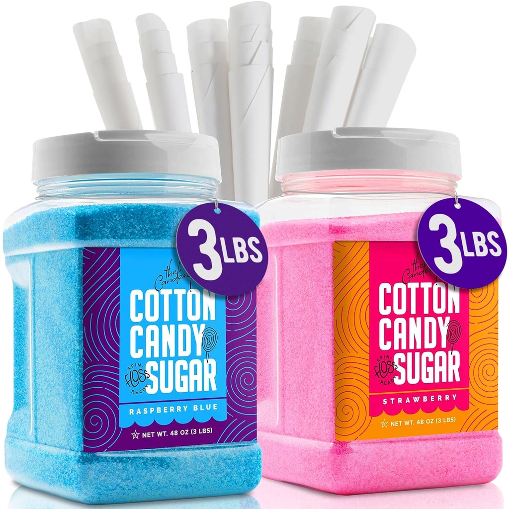 The Candery Cotton Candy Floss Sugar (2-Pack) Includes 100 Premium Cones | Raspberry Blue and Strawberry | Plastic, Reusable Jars | Easy Pour Spout or Scoop | Includes Scooper | 3 LBS Jars