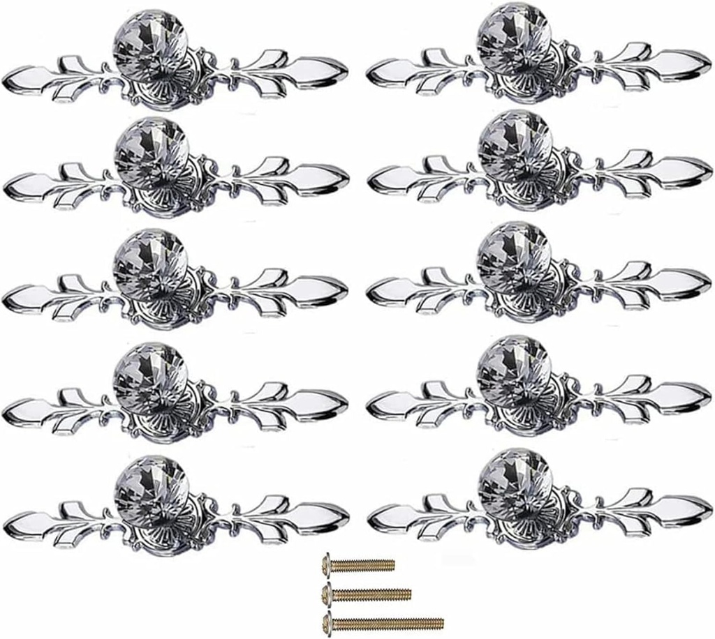 Drawer Dresser Knobs Pull Handles,6.6In Silver Diamond Clear Crystal Glass Decorative Knobs with Plate,Cabinet Door Knobs 10 Pcs