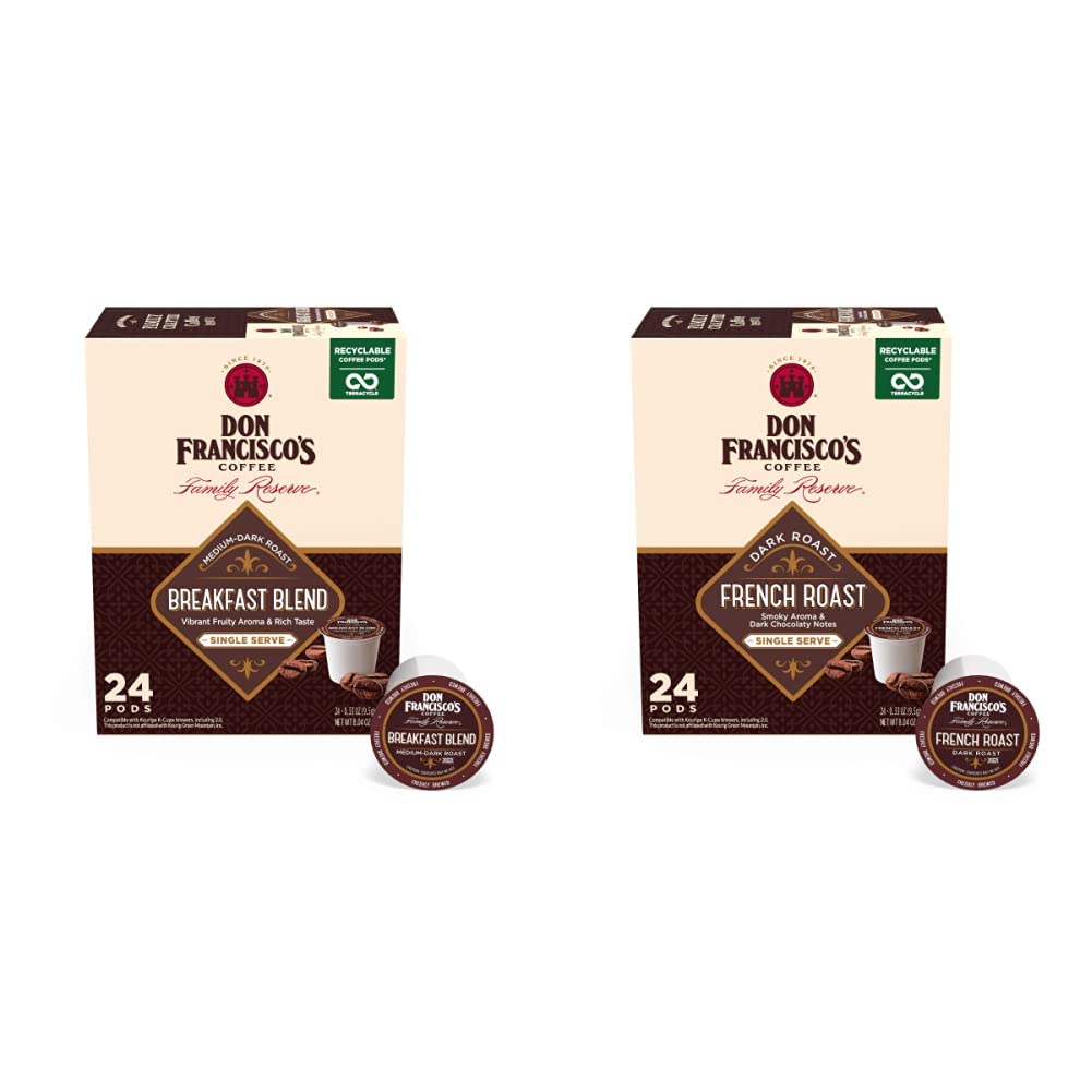 Don Francisco's Breakfast Blend Medium-Dark Roast (24 Count) + French Dark Roast (24 Count), 48 Count - Recyclable Single-Serve Coffee Pods, Compatible with your K-Cup Keurig Coffee Maker