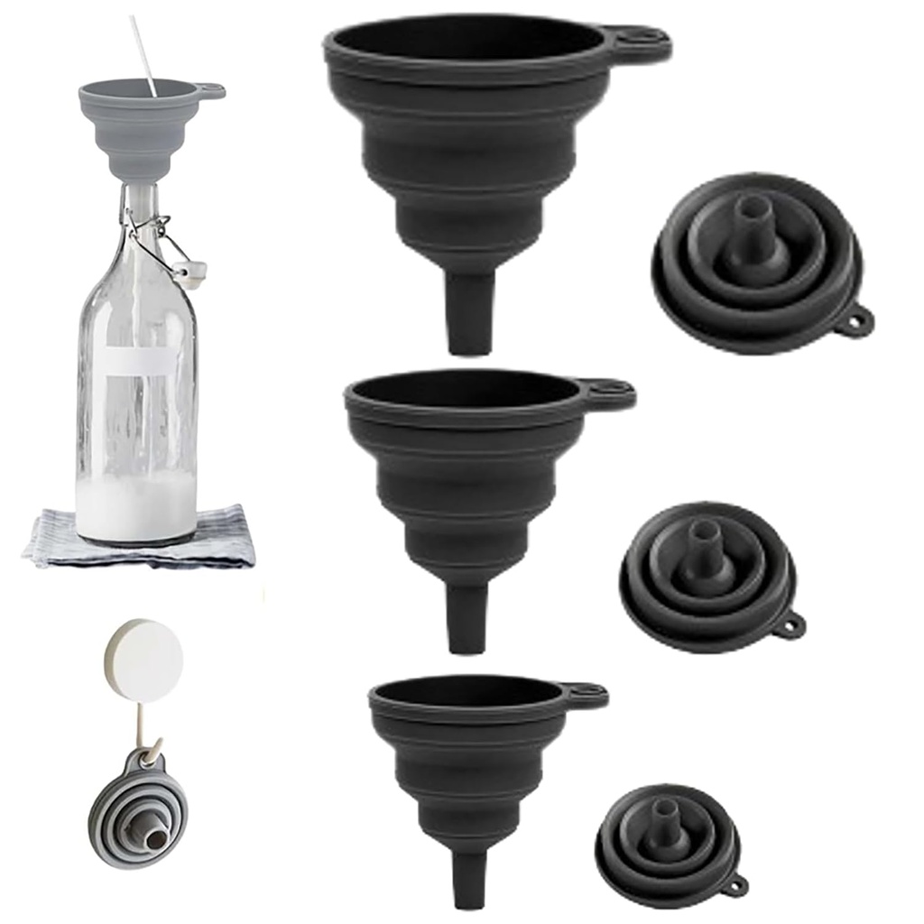Kitchen Funnel Set, 2025 Upgrade Silicone Collapsible Funnel Silicone Collapsible Food Funnels for Kitchen 3 Sizes Funnels for Home Use Filling Bottles Daily Cooking (Black, 1Set 11+14+20g)