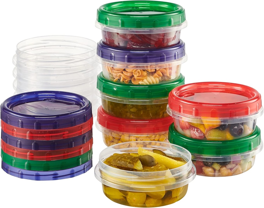 Twist Top Food Storage Containers 8 oz 12 Pack Plastic Freezer Storage Containers Leakproof Reusable with Screw on Colored Lids (12)