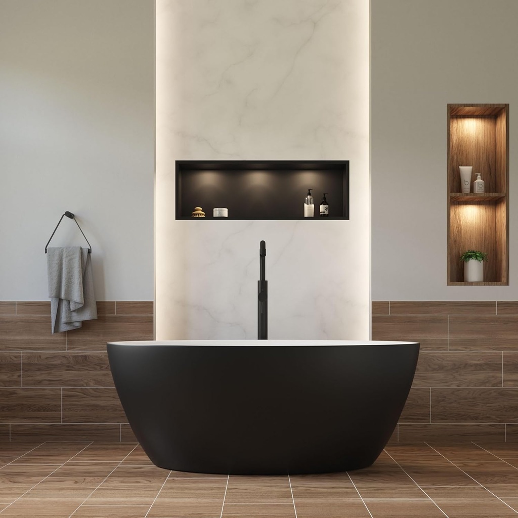 Dowell 59" x 30" Modern Acrylic Freestanding Bathtub | Elegant Oval Soaking Tub with Integrated Overflow for Bathroom, Matte Black-080 5930 02
