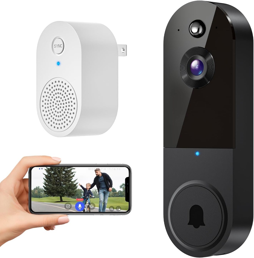 1080P Wireless Video Doorbell Camera with Doorbell Receiver, Night Vision, Cloud Storage, 2.4GHz Wi-Fi, Smart AI Human Detection, 2-Way Talk, Real-Time Alert, Battery Powered for Home Security (Black)