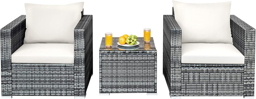 HAPPYGRILL 3 PCS Patio Conversation Set Outdoor Rattan Wicker Sofa Set with Coffee Table Patio Furniture Set with Soft Cushions for Balcony Porch Backyard Garden