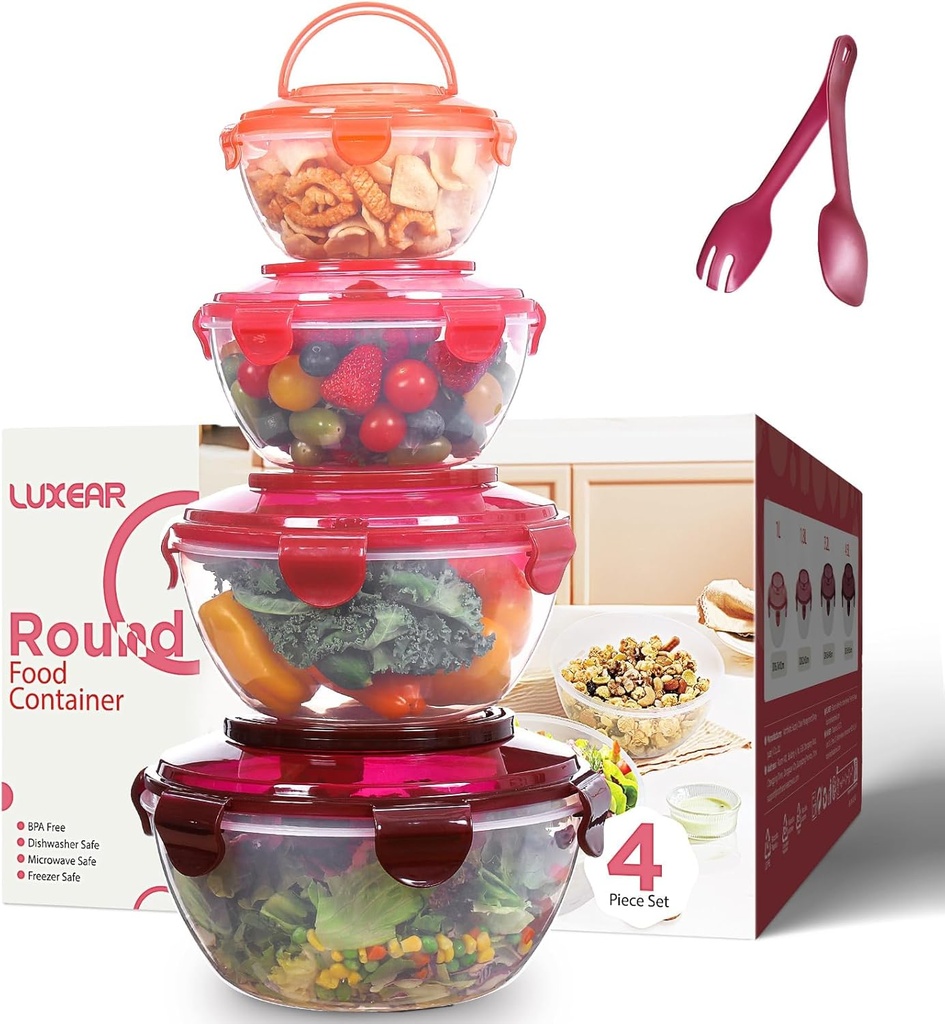 LUXEAR Mixing Bowls with Lids Set, Storage Bowls with Lids Set for Fridge, Meal Prep Bowls 4 Set BPA-Free Salad Bowls with Lid & Handle BPA-Free Salad Storage Container Cooking/Baking/Dishwasher Safe