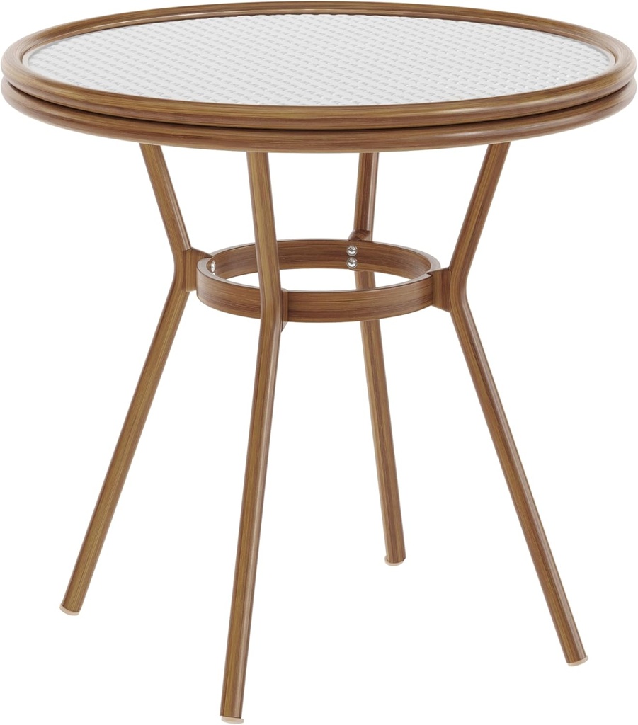 Flash Furniture Lourdes Indoor/Outdoor Commercial Bistro Table - Tempered Glass Top - PE Rattan - Natural Bamboo Print Aluminum Frame - 31.5" - White/Gray