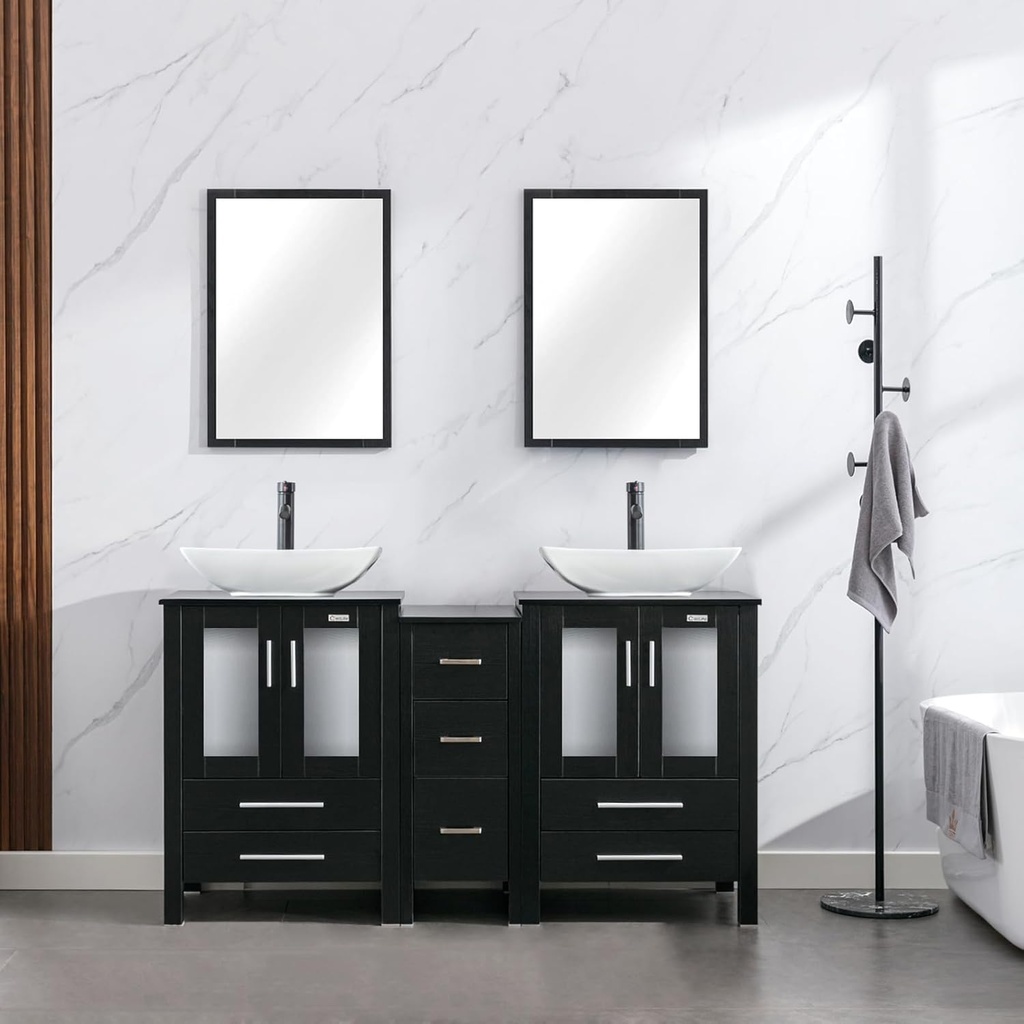 eclife 60" Modern Bathroom Vanity Sink Combo Freestanding Cabinet with Small Side Cabinet, White Curved Ceramic Vessel Sink, Water Save Faucet, Drain (Black+T32)