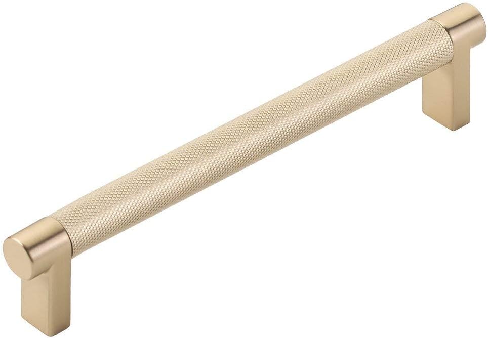 Emtek Select Knurled Cabinet Pull with Satin Brass (US4) Stem Finish - Choice of Size - 84055.RECUS4.KNUS4 - Center-to-Center: 6"