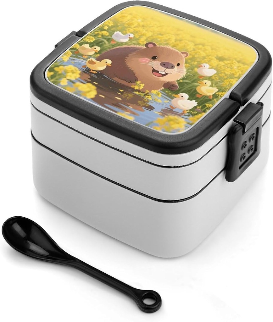 Cute Capybara Bento Box - Double Layer, Leakproof Food Containers with Partition & Spoon, Stackable Lunch Box for Office, Travel, Camping