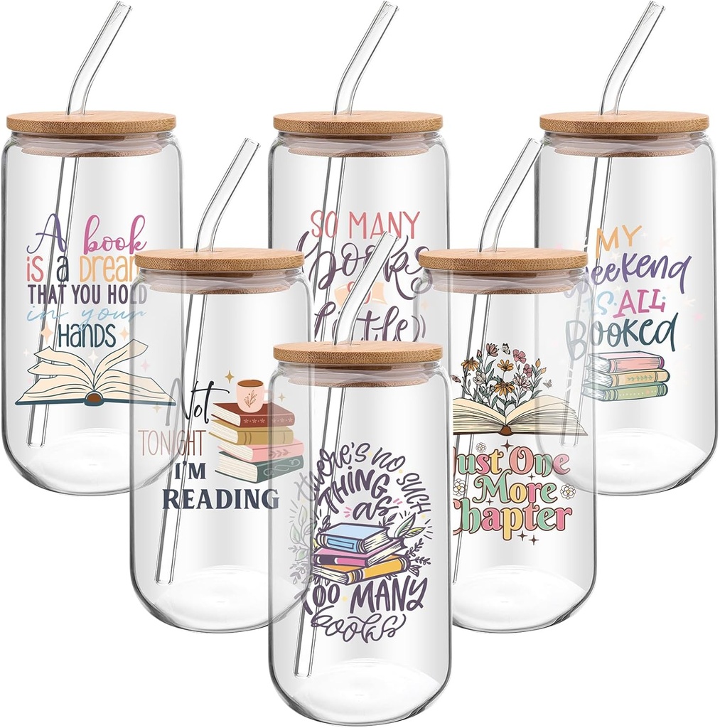6 Pcs Book Lover Gifts 16 oz Glass Cups with Lid Straw Iced Coffee Glass Tumbler Library Reading Drinking Cups Reader Gift Book Club Appreciation Gifts for Teacher Employee Volunteer Librarian Nurse