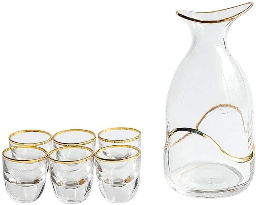 7-Piece Glass Sake Set, Japanese Style Wine Glasses, Golden Edge Craft, Includes 1 Bottle & 6 Cups