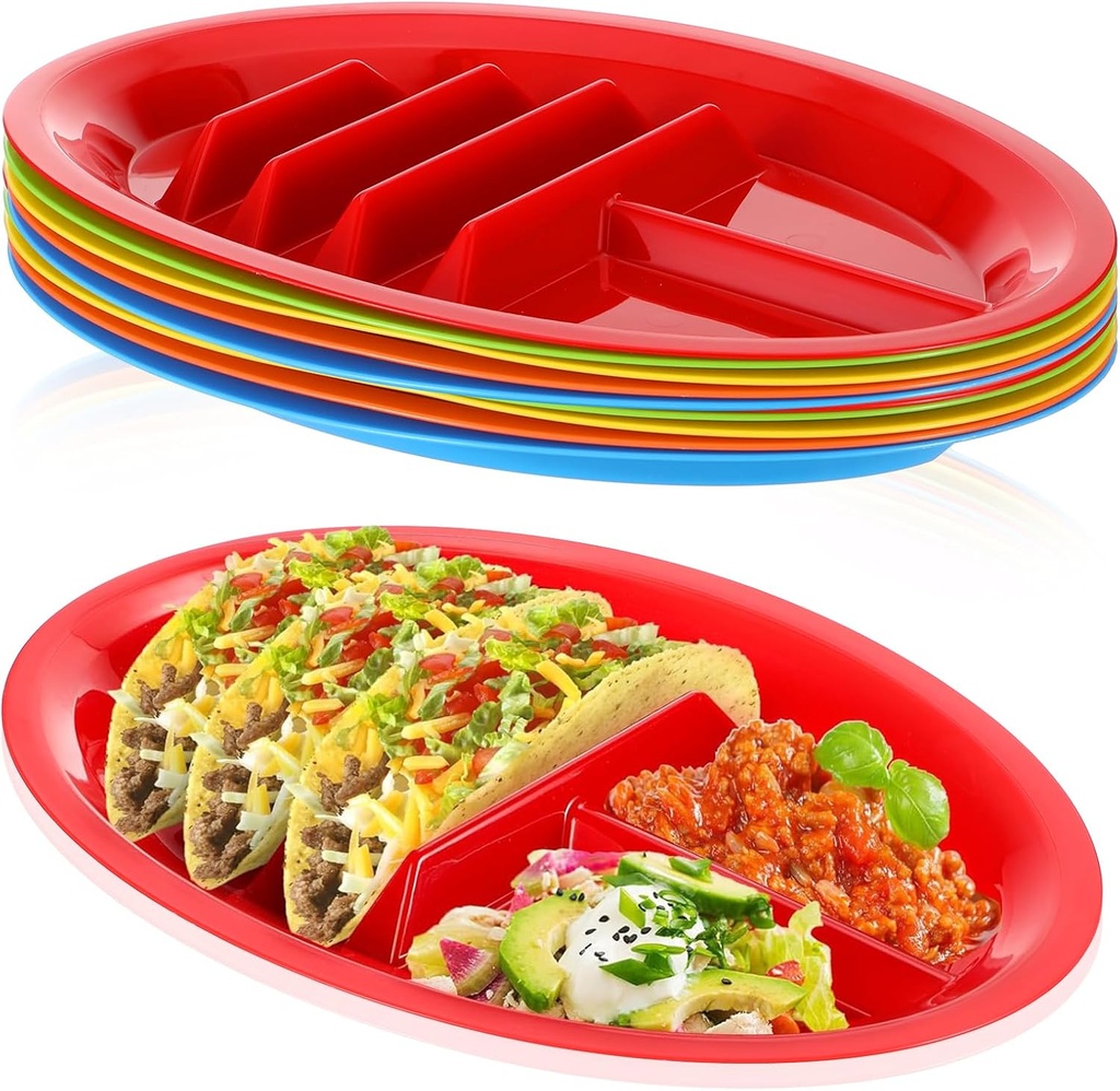 10 Pack Plastic Taco Plates with Dividers, 12.8 x 8.66 Inch Taco Holder Plate for Parties - BPA Free Plastic Serving Trays for Tacos Tuesday, Microwave & Dishwasher Safe (5 Vibrant Colors)
