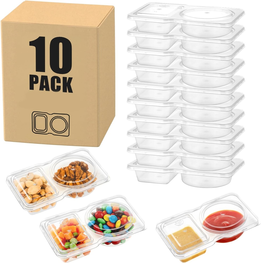10 Pack 2 Compartment Snack Containers with Lids – Leak-Proof, Reusable Plastic Snack Packs for Kids & Adults, Divided Small Snack Containers for Lunch, Meal Prep, Dips, Salads