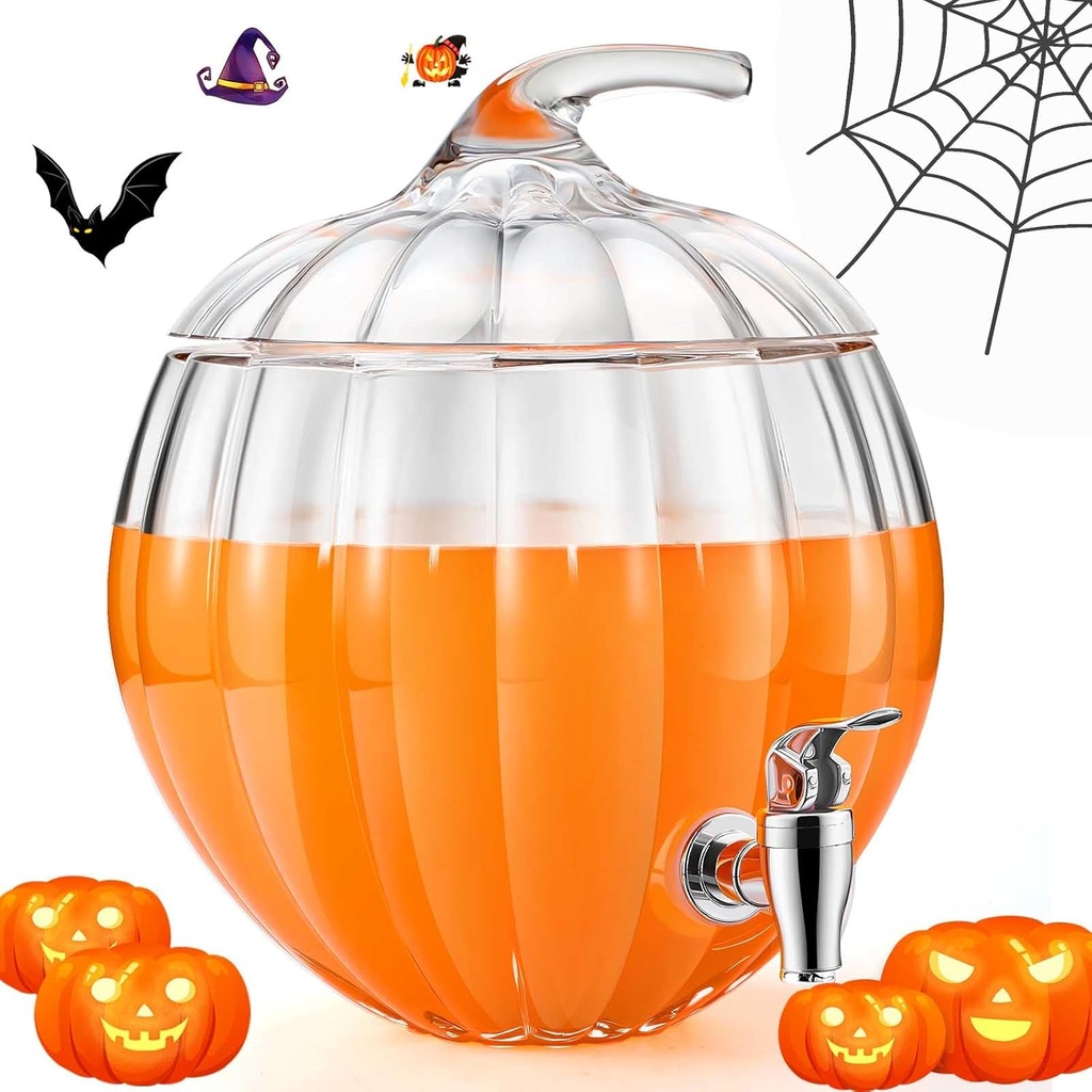 Uiifan 1.7 Gallon Glass Pumpkin Drink Dispenser Jar for Fall Halloween Thanksgiving Party Decor, Pumpkin Fall Candy Dish, Punch Bowl, Pitcher, Glass Drink Dispenser with Lid, Trick or Treat Jar