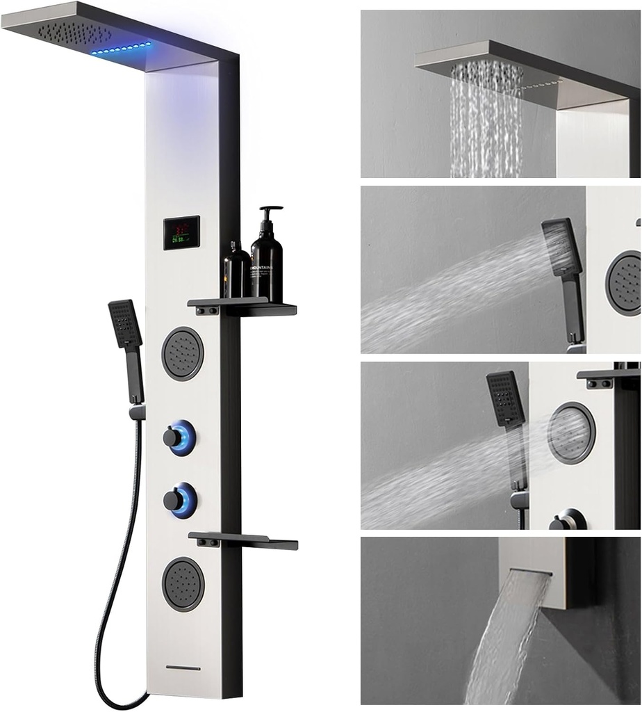 Homevacious 4 In 1 Shower Panel System with Shelf,LED Rainfall Shower Head and Massage Body Jets,3 Functions Handheld Head and Tub Spout,Stainless Steel Bathroom Shower Fixtures,Brushed Nickel