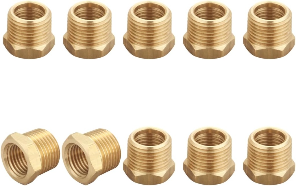 3/8 Inch Male x 1/4 Inch Female Reducing Adapter, NPT Brass Hex Bushing, Hex Head Pipe Fitting, Thread 0.625" OD × 0.5" ID, (Pack of 10)