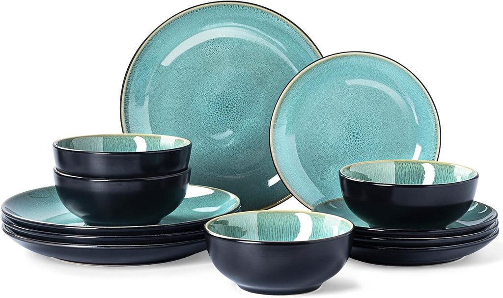 Plates and Bowls Sets for 4 - CJDC-QUELO 12-Piece Stoneware Dinnerware Sets, Ceramic Dishware Set for Kitchen Use and Formal Dining, Chip and Scratch Resistant Microwave Dishwasher Safe, Green
