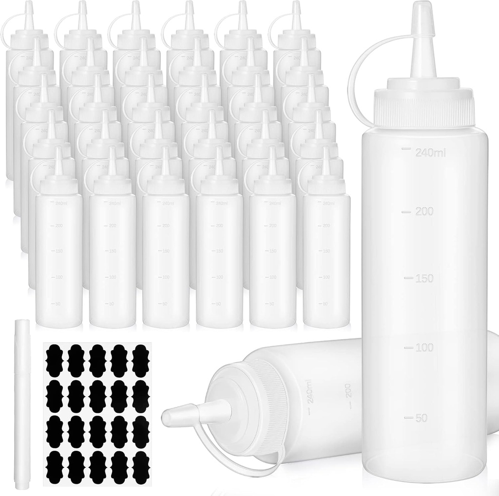 30 Pieces 8 oz Condiment Squeeze Bottles Multipurpose Squirt Bottles Plastic Sauce Bottles Empty Condiment Containers with Cap Oil Dressing Ketchup Dispenser with 40 Chalkboard Labels, Chalk Marker