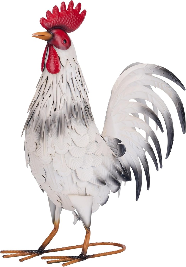 TERESA'S COLLECTIONS Garden Decor, White Rooster Garden Decor, Waterproof Metal Garden Statue, 17.5", Rooster Gifts, Garden Gifts for Women Mom Dad, Indoor/Outdoor