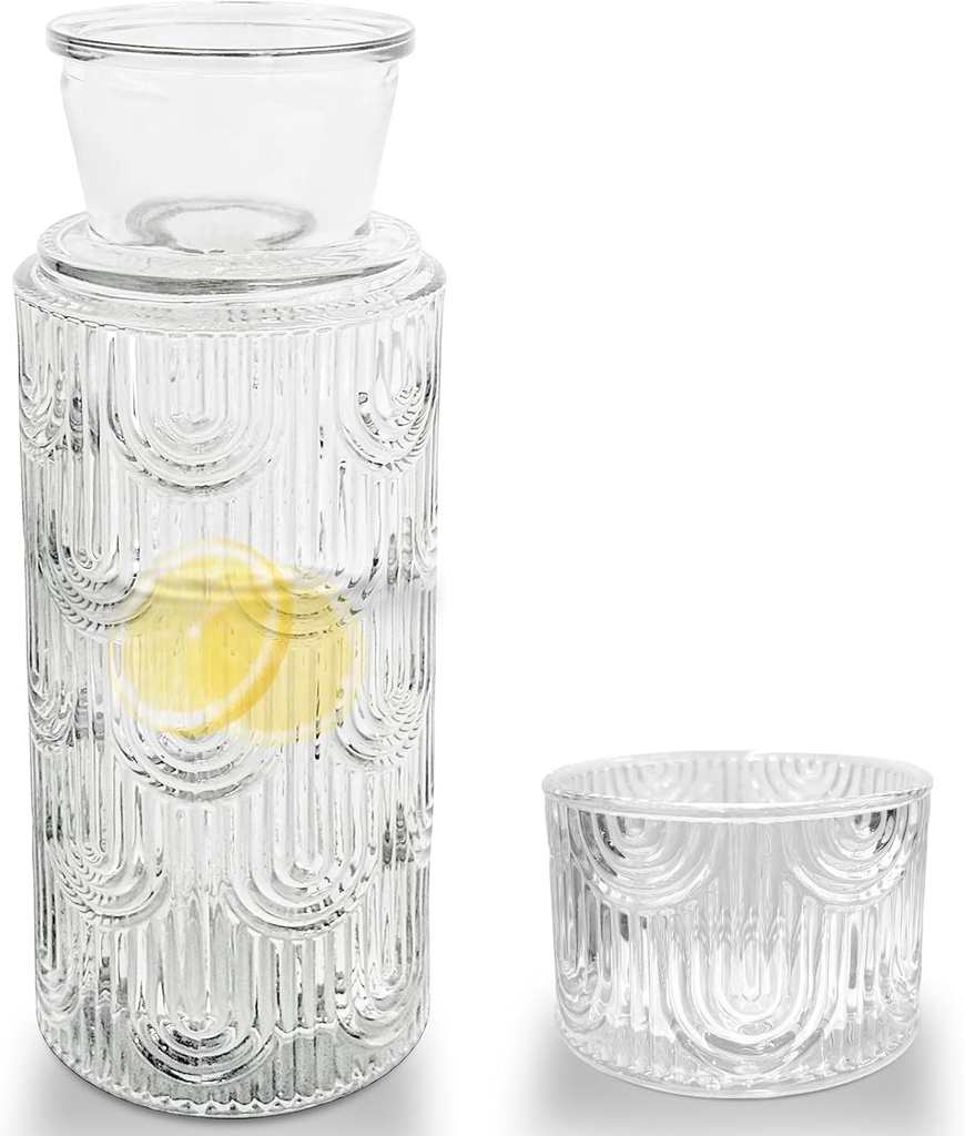Bedside Water Carafe and Glass Set, 21.6 OZ Glass Pitcher with 6 OZ Drinking Cup as Lid, Nightstand Kitchen Water Bottle(Clear)