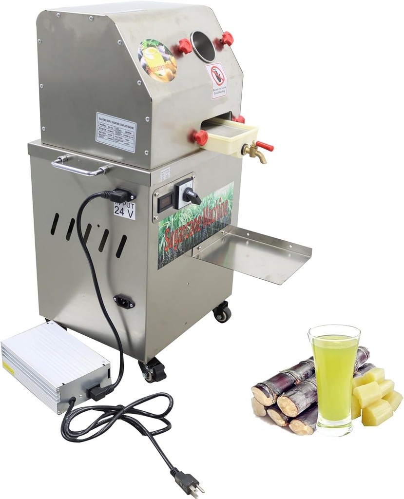 TECHTONGDA 24V DC or 110V AC Electric Sugar Cane Juicer Press Machine, Vertical Sugarcane Press, Stainless Steel Rollers Sugarcane Juice Extractor with Transformer and Wheels for Commercial Juicing