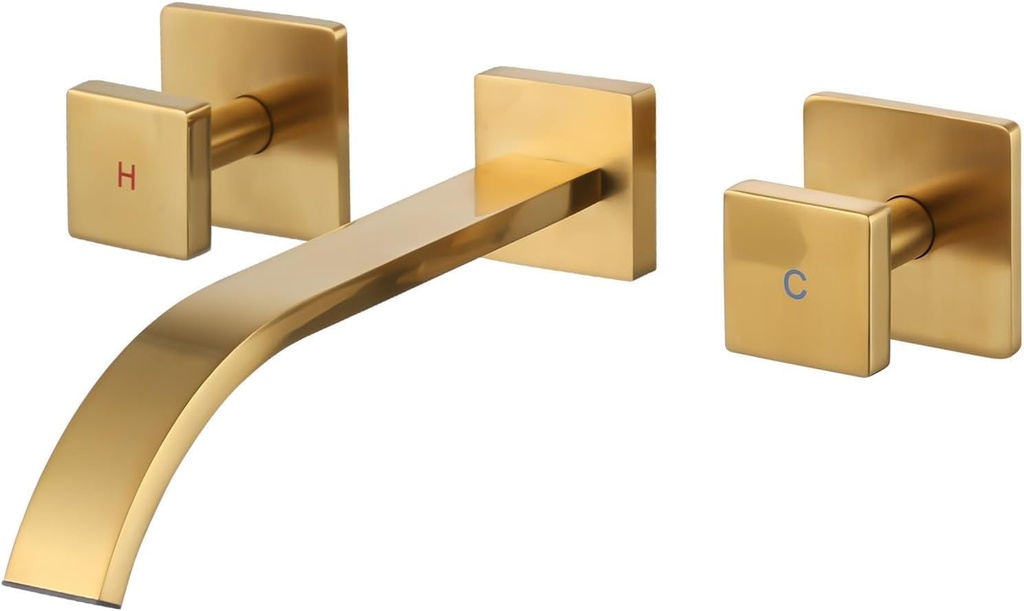 Wall Mounted Bathroom Sink Faucet: ALEASHA Brushed Gold Waterfall Bathroom Sink Faucet with Two Square Design Handles Controllable Heat and Cold, Wall-Mount Washroom Faucets Made with Solid Brass