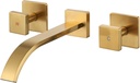Wall Mounted Bathroom Sink Faucet: ALEASHA Brushed Gold Waterfall Bathroom Sink Faucet with Two Square Design Handles Controllable Heat and Cold, Wall-Mount Washroom Faucets Made with Solid Brass