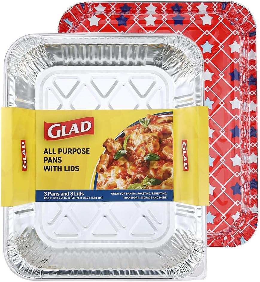 Glad Disposable Aluminum All Purpose Pans in Red, White & Blue Stars, 3ct with Lids - Printed Colorful Foil Steam Pans - 12.5” x 10.2” x 2.16” Aluminum Pan - Disposable Steamware