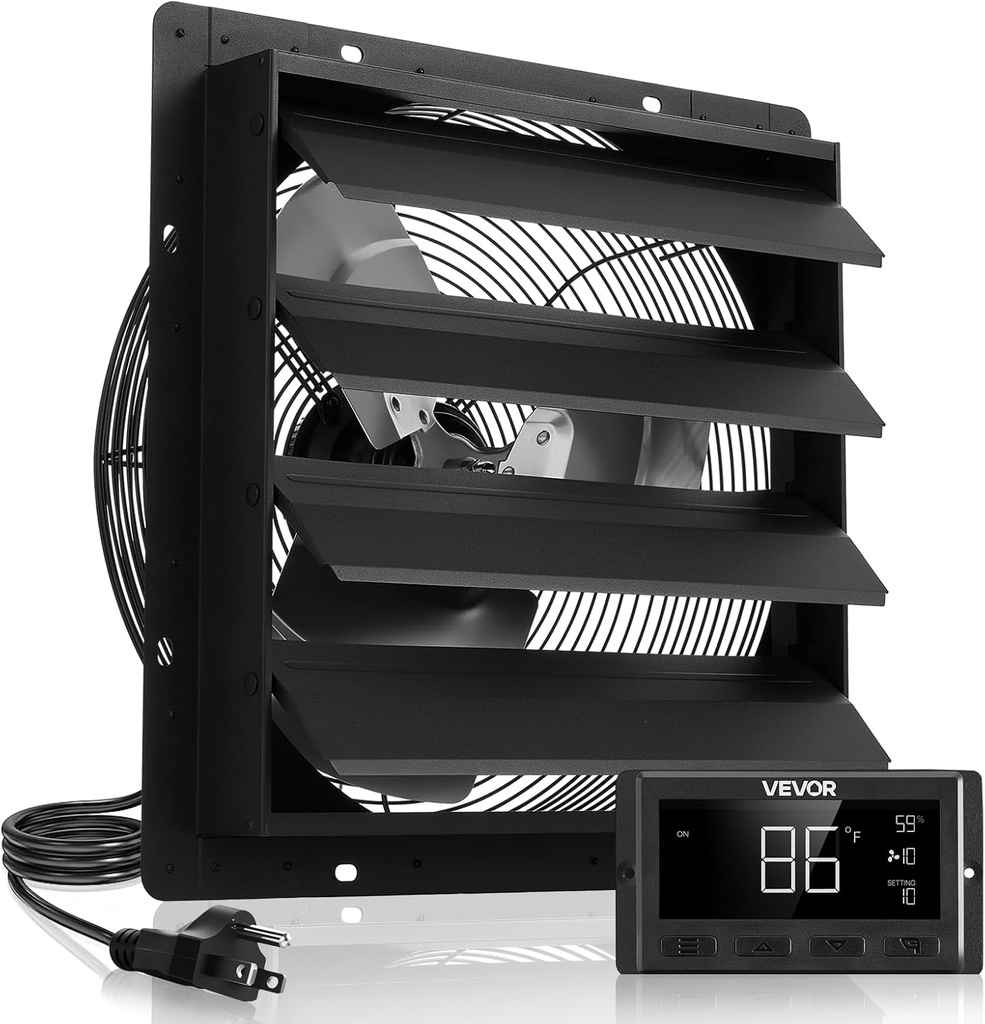 VEVOR 16 inch Shutter Exhaust Fan, Wall Mounted Attic Vent Fan with Smart Programming Variable Speed Temperature Control, 3000 CFM,EC Motor,Timer, for Shed,Garage,Greenhouse Ventilation Cooling,Black