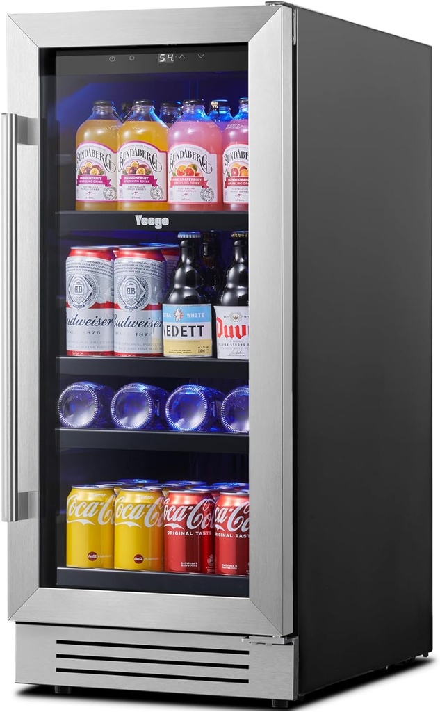 Yeego 15 Inch Beverage Refrigerator – 100 Can Mini Fridge with Glass Door, 34-54 ℉ Built-In Freestanding or Under Counter Beverage Cooler for Drink Soda Wine - For Home Bar Office