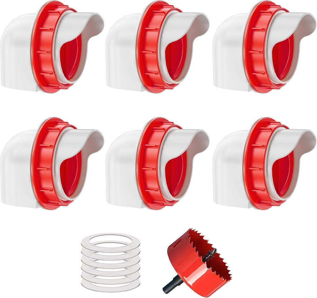 Chicken Feeders No Waste, DIY Automatic Poultry Feeder 6 Ports 1 Hole Saw with Covers Gravity Feed Kit for Buckets Barrels Bins Troughs