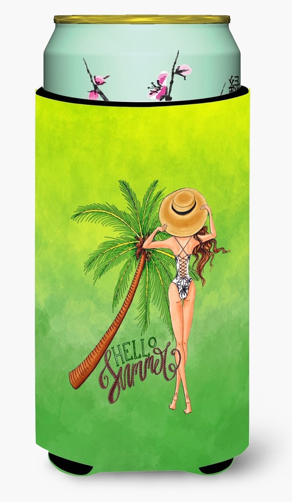 Caroline's Treasures BB7452TBC Hello Summer Lady in Swimsuit Tall Boy Hugger Can Cooler Sleeve Hugger Machine Washable Drink Sleeve Hugger Collapsible Insulator Beverage Insulated Holder